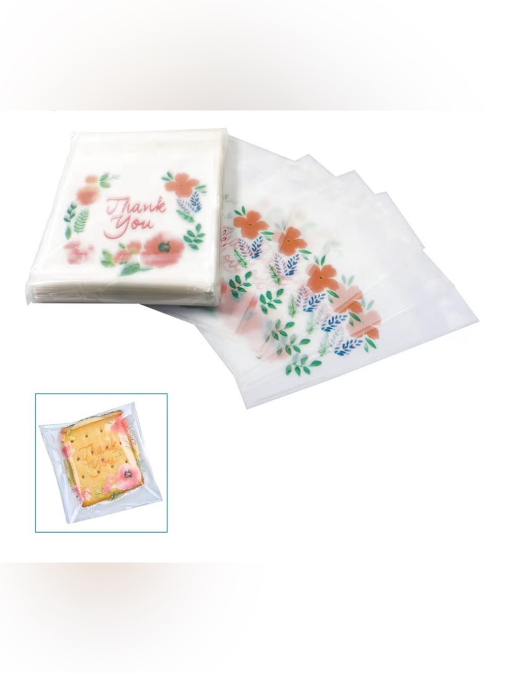 300 Pack Thank You Plastic Bags, Pink Flower Self Adhesive Bags 4”x4”